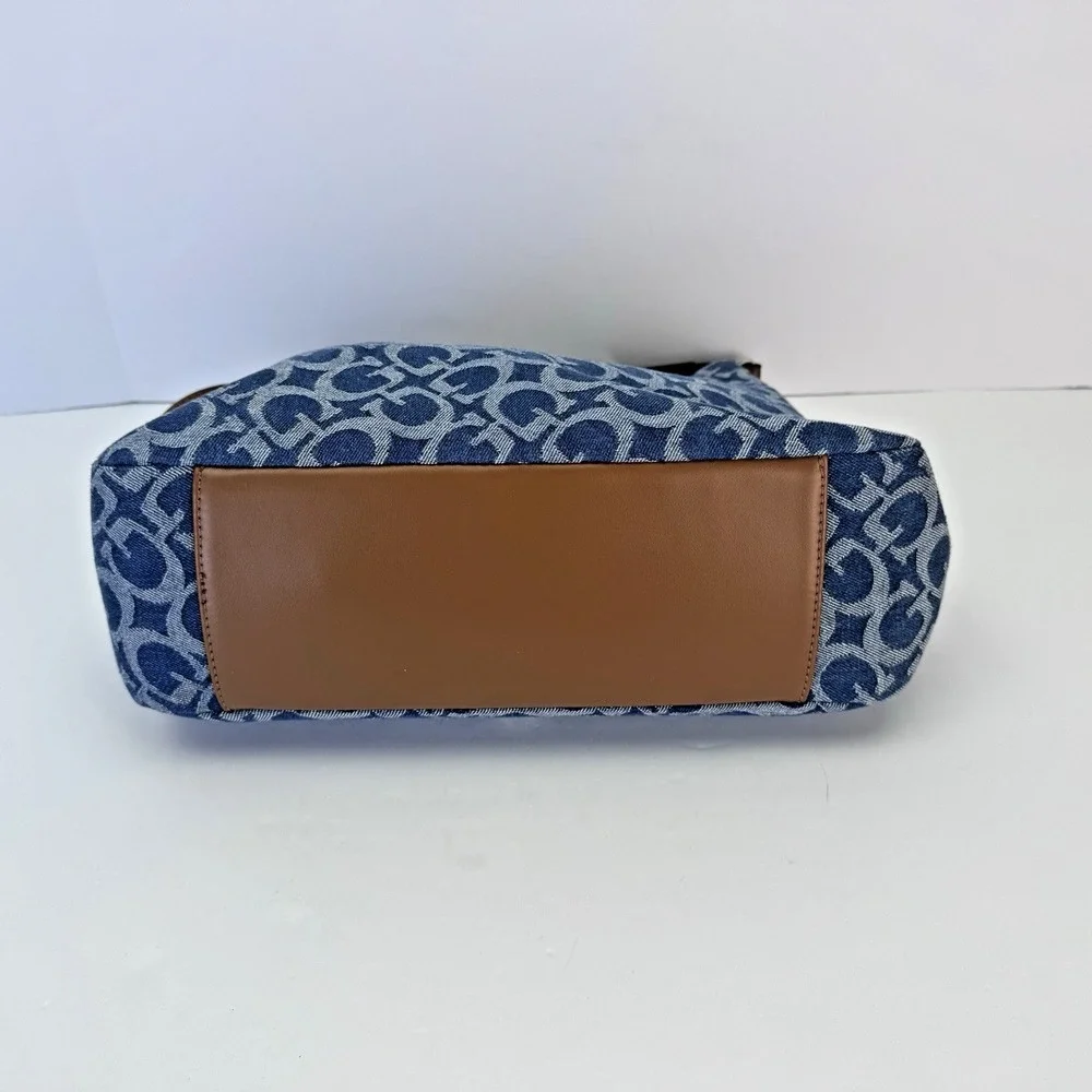 Guess Hobo Shoulder Bag Denim Blue Print Satchel Wells W/ Small Zip Card Pouch